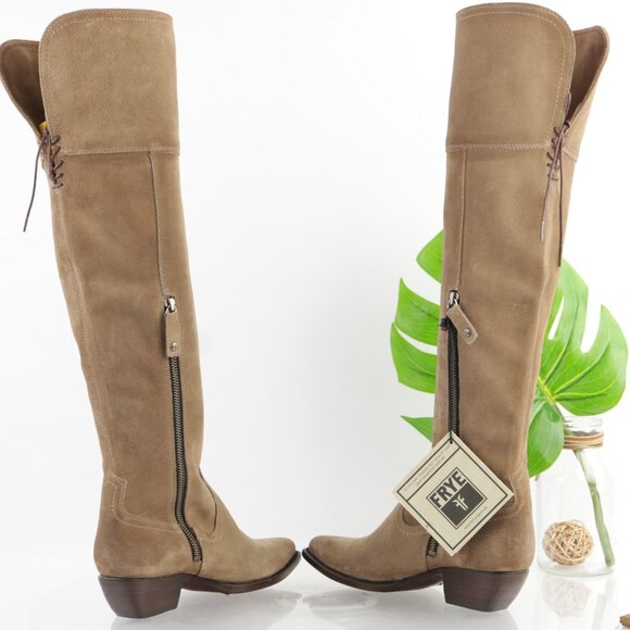 Frye Womens Sacha OTK Riding Boot Size 6.5 Tan Suede Western Block Heel Pointed - Picture 11 of 16